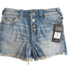 True Religion Brand Jeans Blue Denim Button Fly Maisie High Rise Shorts Sz 33